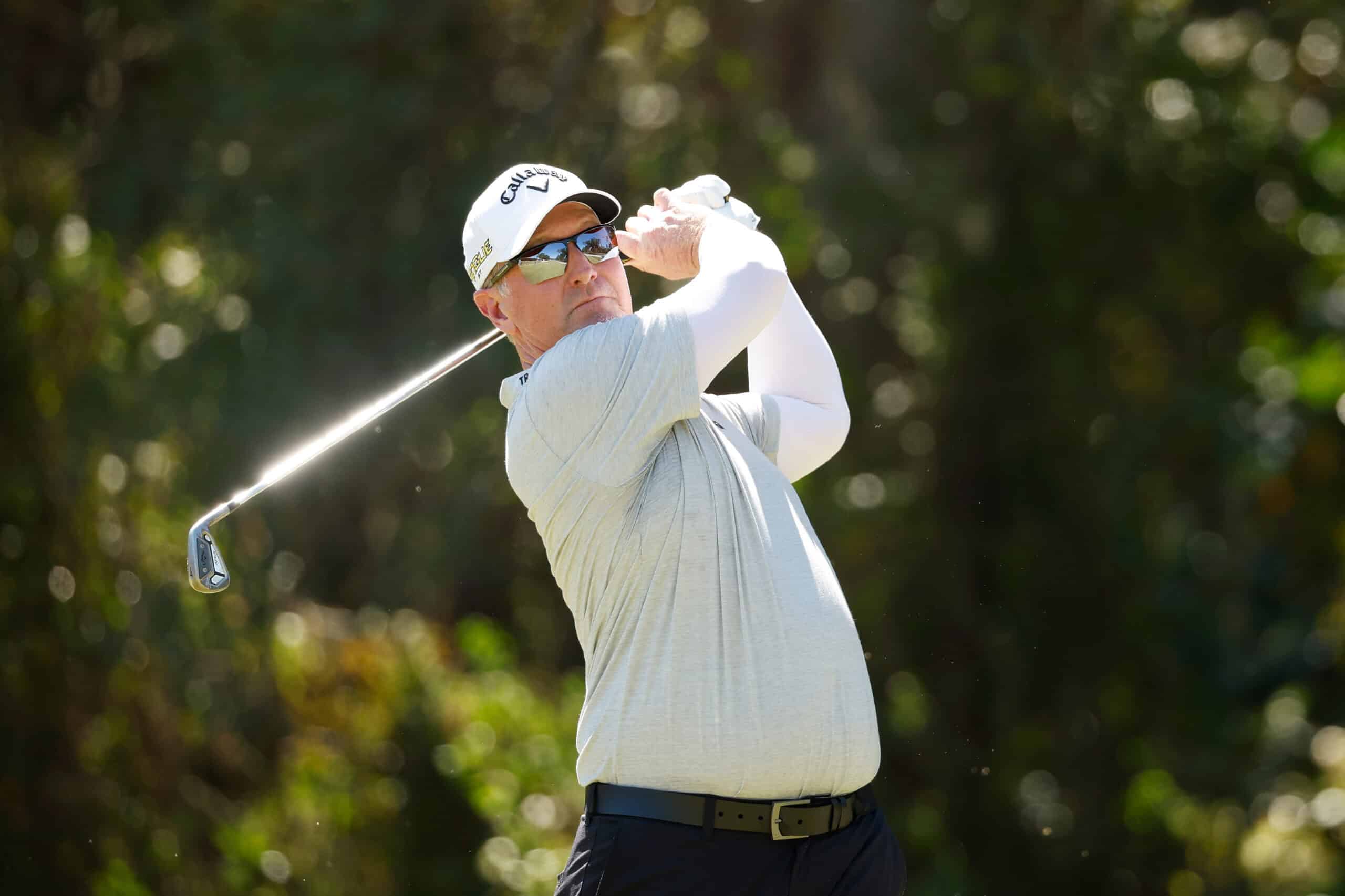 JACKSONVILLE, FLORIDA - OCTOBER 07: David Duval of the United States plays his shot from the fourth tee during the first round of the Constellation FURYK & FRIENDS at Timuquana Country Club on October 07, 2022 in Jacksonville, Florida. (Photo by Cliff Hawkins/Getty Images)